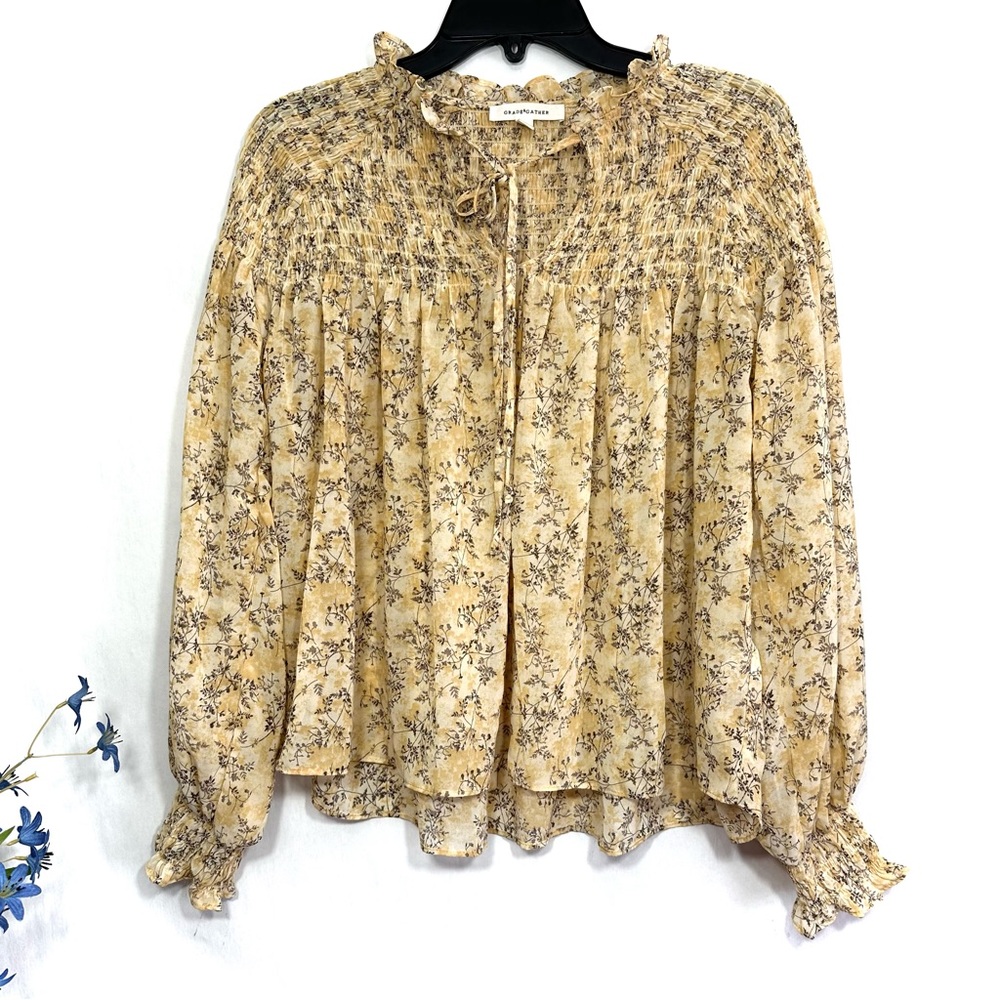 Grade & Gather Women’s Cream Yellow Brown Floral Long Sleeve Smocked Poet Blouse